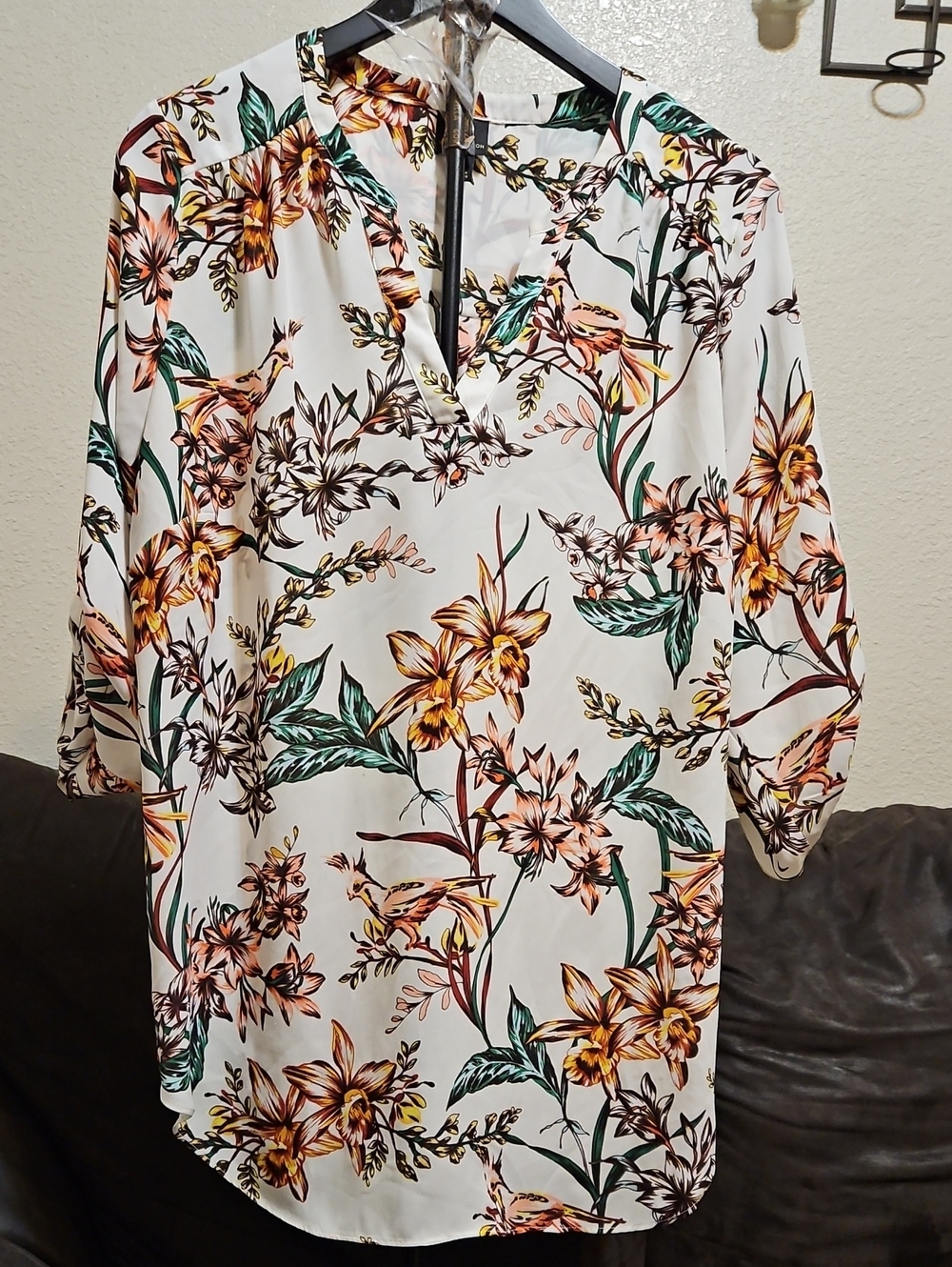 Worthington Cream Floral Split-Neck Blouse with Yellow & Green Accents